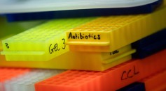 Trays, included one labeled with 'antibiotics' sit after being used in experiments at the new laboratories inside the Francis Crick Institute in London, U.K., on Thursday, Sept. 1, 2016.