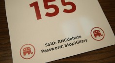 The Wifi network name and password, of 'StopHillary', for the Republican Presidential Debate sponsored by Fox Business and the Wall Street Journal at the Milwaukee Theatre is shown in the press file room November 10, 2015 in Milwaukee, Wisconsin.