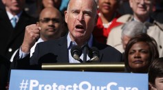 California Governor Jerry Brown speaks during an event on health care at the House East Front of the Capitol March 22, 2017 in Washington, DC. 