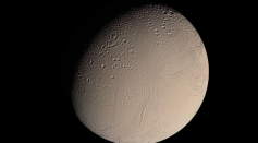 This color Voyager 2 image mosaic shows the water-ice-covered surface of Enceladus, one of Saturn's icy moons. Enceladus' diameter of just 500 km would fit across the state of Arizona.