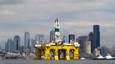 The Polar Pioneer, an oil drilling rig owned by Shell Oil, arrives on May 14, 2015 in Seattle, Washington on its way to Alaska.