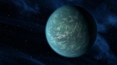 One of the possible habitable exoplanet, the Kepler-22b is digitally illustrated.  
