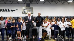 Mayor of London Boris Johnson and Mo Farah of Great Britain do some exercise with school kids 