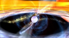 An artist concept of pulsar pulsar (blue-white disk in center) pulling in matter from a nearby star (red disk at upper right).