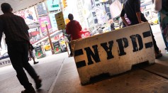 An NYPD police barricade sits in New York's Times Square.