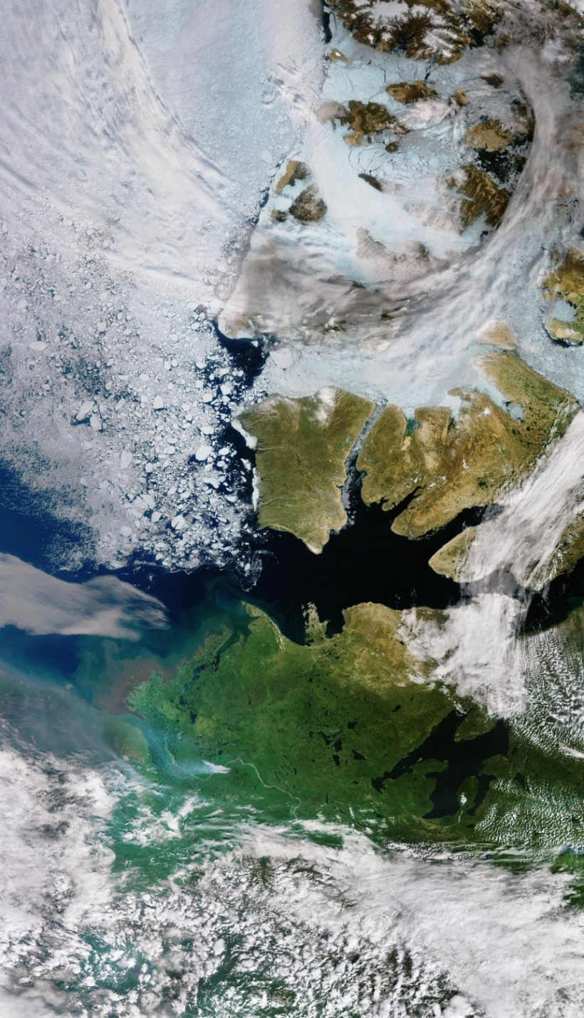 One can see the sea ice in the Canadian Archipelago's waterways, as well as well as the cracked sea ice found in the Beaufort Sea
