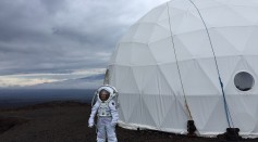 M.Musilova in a spacesuit outside the simulated Martian habitat