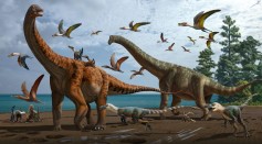 An artist's illustration showing Silutitan sinensis (left) and Hamititan xinjiangensis (right), with other theropods and dinosaur species in the surroundings.