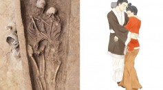The couple's skeletons (left) and an artist's rendition of the pair (right) 