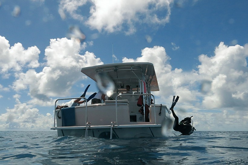 Divers Gideon Butler and Lauren Valentino back roll off the Calcutta to survey coral reefs in the Chagos Archipelago on the Global Reef Expedition.