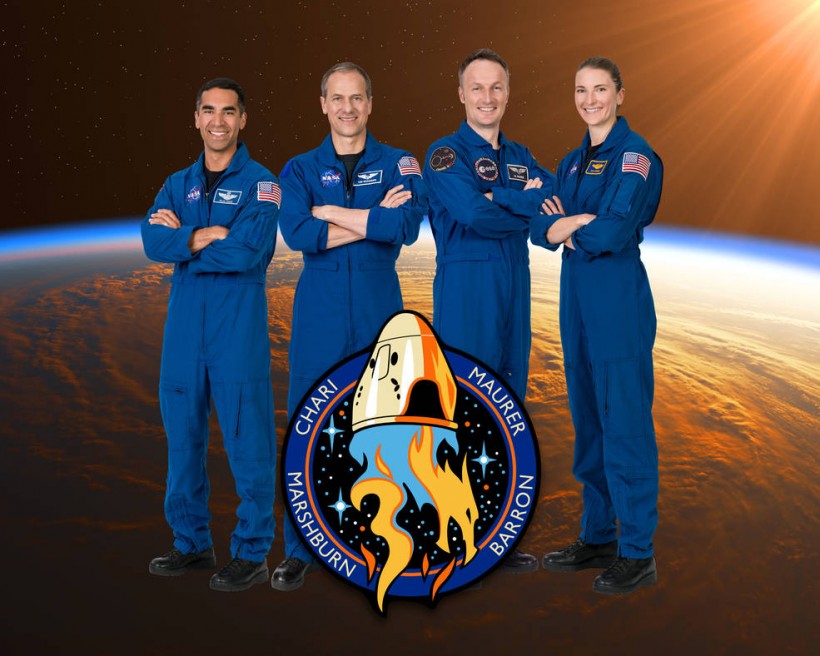The official crew portrait of the SpaceX Crew-3 mission: (from left) Commander Raja Chari and pilot Thomas Mashburn, both NASA astronauts. Mission specialist Matthias Maurer of ESA (European Space Agency). Mission specialist Kayla Barron of NASA.