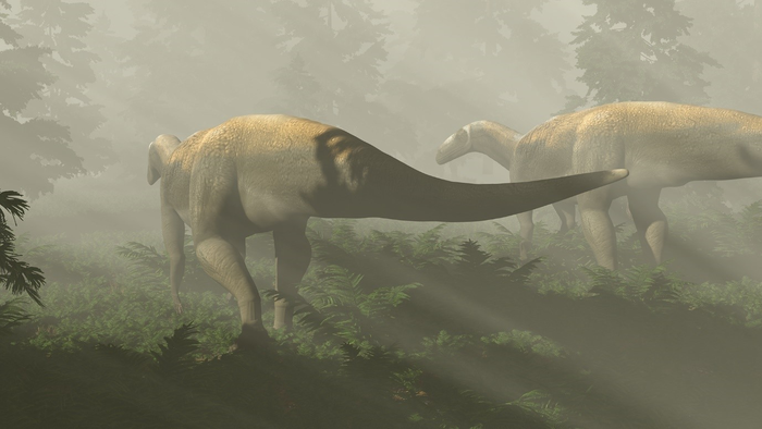 Life reconstruction of herbivorous dinosaurs based on 220-million-year-old fossil footprints from Ipswich, Queensland, Australia.