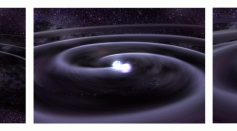 Three still pictures that show the white dwarfs circling each other and then colliding.