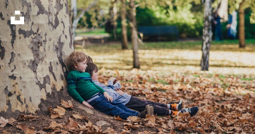 Two children sitting on ground with dried leaves photo