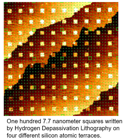 Pattern written by Hydrogen Depassivation Lithography on 4 different silicon atomic terraces.
