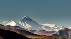 Stock image of Mount Everest as seen over the Himalayan plateau.