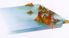 Illustration of oceanic volcanic islands with cross-section showing molten lava emerging from rock strata - stock illustration