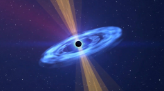 Astronomers identified an extremely bright black hole jet, halfway across the universe, pointing straight toward Earth.
