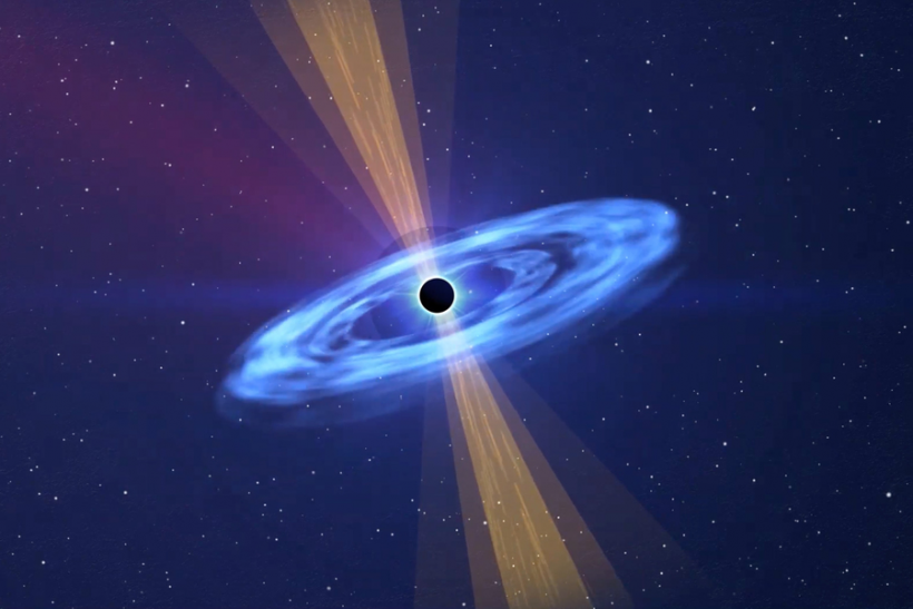 Astronomers identified an extremely bright black hole jet, halfway across the universe, pointing straight toward Earth.