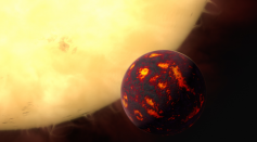 An artist’s impression of the planet Janssen, which orbits its star so closely that its entire surface is a lava ocean that reaches temperatures of around 2,000 degrees Celsius.