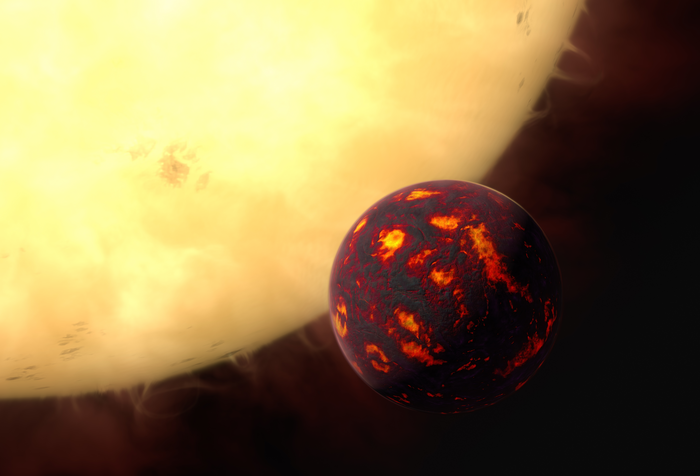 An artist’s impression of the planet Janssen, which orbits its star so closely that its entire surface is a lava ocean that reaches temperatures of around 2,000 degrees Celsius.