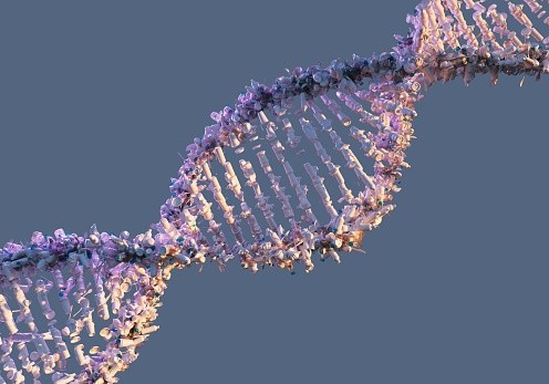 Digital generated image of DNA made out of used plastic packages on grey background.