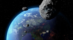 Illustration of asteroids approaching Earth. Over 30 