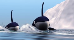 Two orca whales pass near an iceberg in the north Arctic Ocean. - stock illustration
