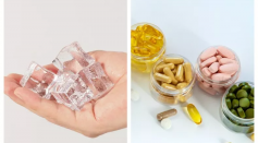 Stock images of a person holding ice in their hand and several health supplements. The viral 