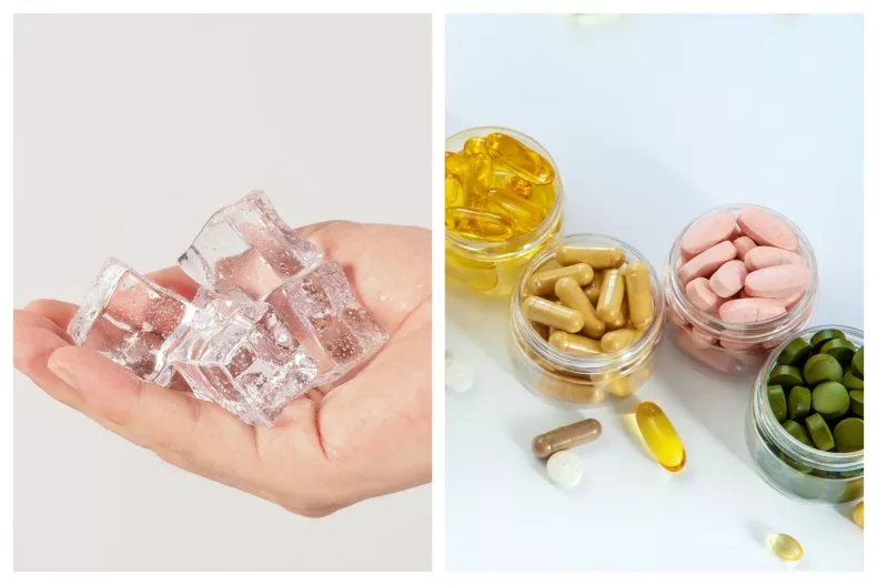 Stock images of a person holding ice in their hand and several health supplements. The viral 