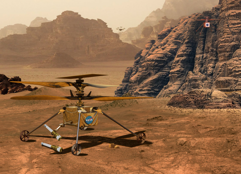 NASA's Mars Helicopters: Present, Future, and Proposed: A family portrait of Mars helicopters - Ingenuity, Sample Recovery Helicopter, and a future Mars Science Helicopter concept.