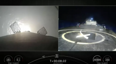 The first stage of a SpaceX Falcon 9 rocket heads for a landing on the SpaceX droneship Just Read the Instructions not long after launching the Amazonas Nexus satellite for Spanish company Hispasat on Feb. 6, 2023.  