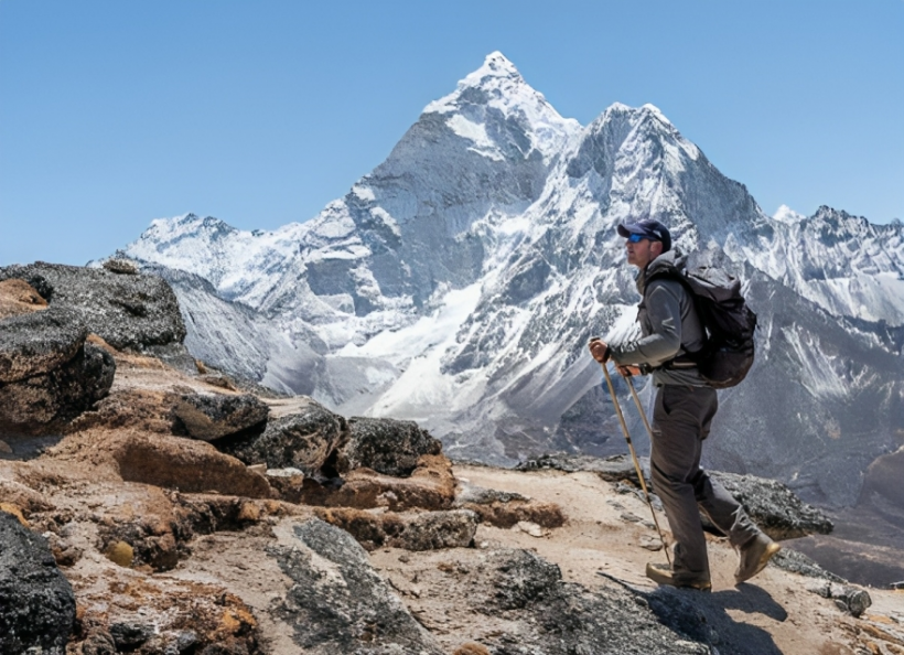 Nepal, Solo Khumbu, Everest, Mountaineer walking at Dingboche