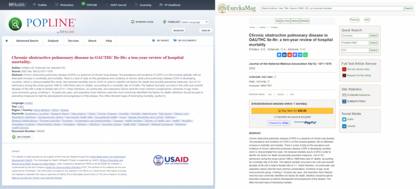 Identical articles at popline.org (left) and eurekamag.com (right)