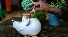 A Person Putting Bitcoin in a Piggy Bank