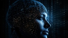 Glowing blue cyborg portrait futuristic technology mystery generated by AI