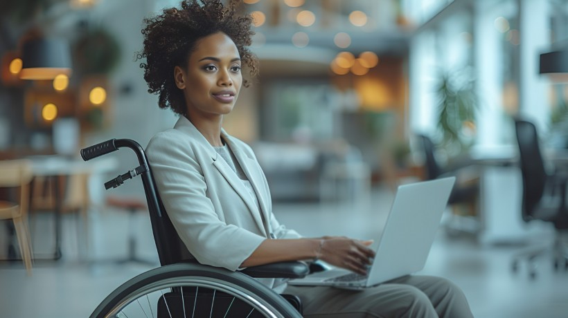 Side view woman in wheelchair at work