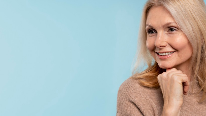 Senior woman posing and smiling against a blue background