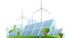 Ecology green energy realistic concept with wind turbines and solar panels in background with cityscape silhouette vector illustration