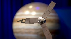 A desktop model of the Juno spacecraft is seen as NASA officials and the public look forward to the Independence Day arrival of the the Juno spacecraft to Jupiter, at JPL on June 30, 2016 in Pasadena,