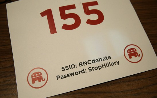 The Wifi network name and password, of 'StopHillary', for the Republican Presidential Debate sponsored by Fox Business and the Wall Street Journal at the Milwaukee Theatre is shown in the press file room November 10, 2015 in Milwaukee, Wisconsin.