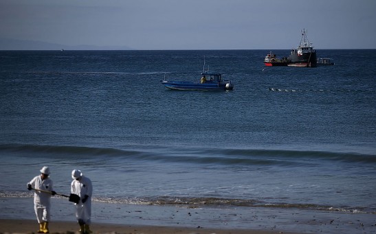  A boat skims oil from the surface of the Pacific Ocean at Refugio State Beach on May 23, 2015 in Goleta, California.