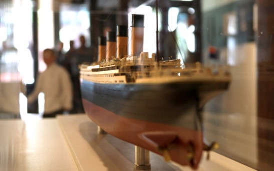  A scale model of the RMS Titanic sits on display at the opening of the 'Titanic at 100: Myth and Memory' exhibition on April 10, 2012 in New York City