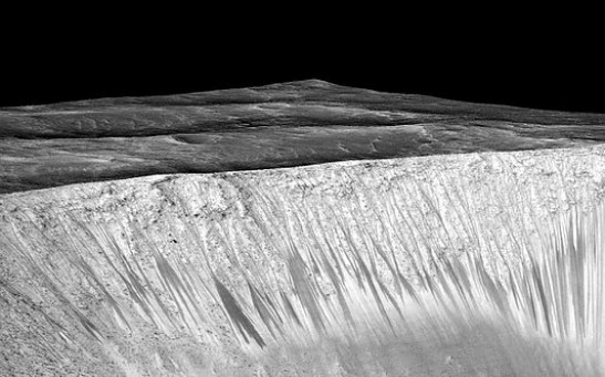 Dark narrow streaks called recurring slope lineae emanating out of the walls of Garni crater on Mars