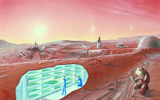 Artist impression of a Mars settlement with cutaway view.