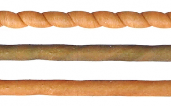 A coiled fiber at room temperature (orange, top) cools when untwisted (brown, middle) before returning to room temperature over time (bottom).