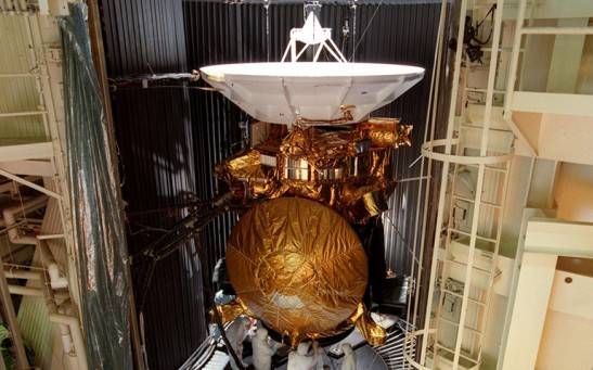 The Cassini spacecraft during vibration testing.