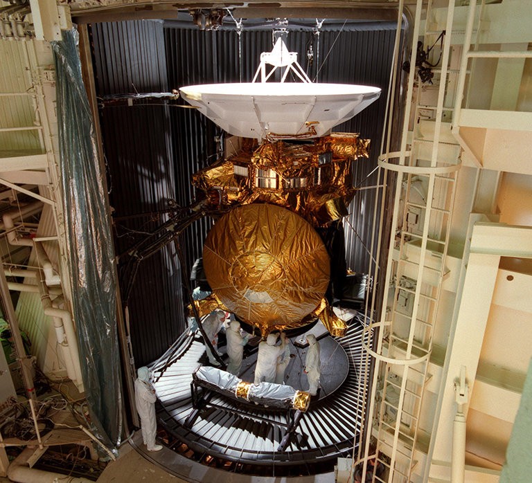 The Cassini spacecraft during vibration testing.