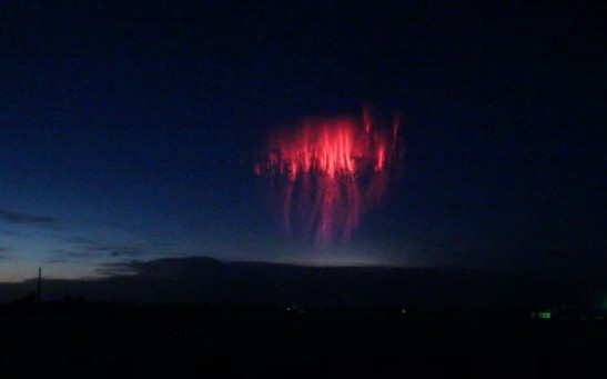 Magnificent Red Jellyfish Sprite Photographed During A Storm in Mount Locke