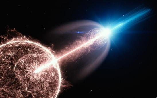 X-rays from the GRB were detected by NASA's Swift satellite in Earth's orbit. Very-high-energy gamma rays entered the atmosphere and initiated air showers that were detected by H.E.S.S. from the ground (artist’s impression). 